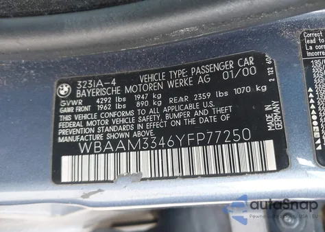 2000 BMW 323I из США, поврежденный, VIN WBAAM3346YFP77250